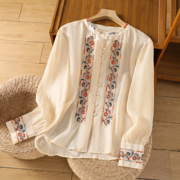 Buddha Stones Vintage Stickerei Einreihige Mehrfach-Knopfleiste Design Damen Baumwollleinen Lange Laternenärmel Hemd - Beige - US8-10， UK/AU12-14，EU40-42 (2XL) - image 0