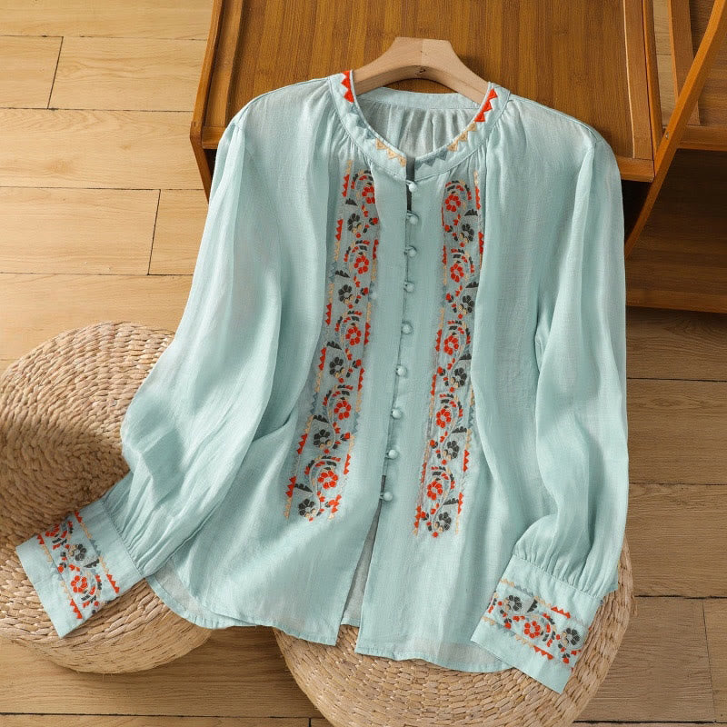 Buddha Stones Vintage Stickerei Einreihige Mehrfach-Knopfleiste Design Damen Baumwollleinen Lange Laternenärmel Hemd - Türkis - US8-10， UK/AU12-14，EU40-42 (2XL) - image 11