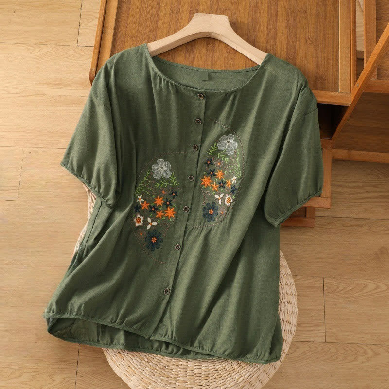 Buddha Stones Vintage Asymmetrische Stickerei Blumenpflanzenmuster Damen Baumwolle Leinen Kurzarm Jacke Shirt