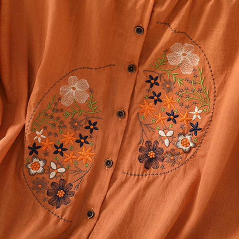 Buddha Stones Vintage Asymmetrische Stickerei Blumenpflanzenmuster Damen Baumwolle Leinen Kurzarm Jacke Shirt