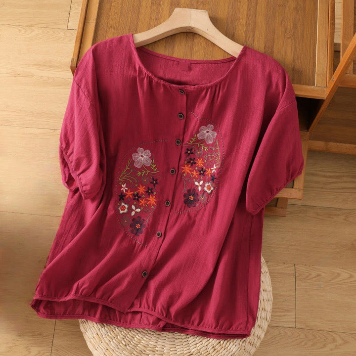 Buddha Stones Vintage Asymmetrische Stickerei Blumenpflanzenmuster Damen Baumwolle Leinen Kurzarm Jacke Shirt
