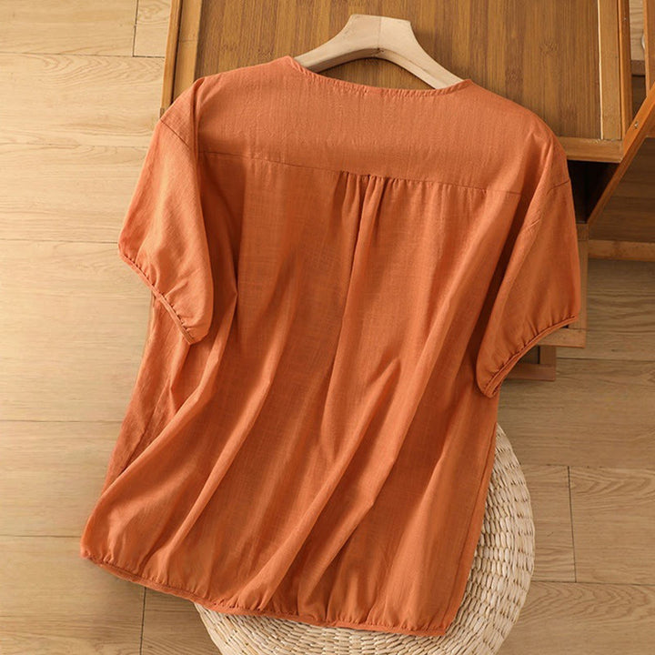 Buddha Stones Vintage Asymmetrische Stickerei Blumenpflanzenmuster Damen Baumwolle Leinen Kurzarm Jacke Shirt