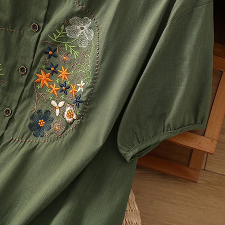Buddha Stones Vintage Asymmetrische Stickerei Blumenpflanzenmuster Damen Baumwolle Leinen Kurzarm Jacke Shirt