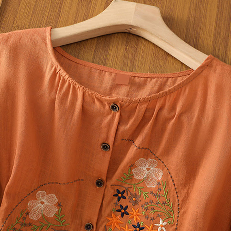 Buddha Stones Vintage Asymmetrische Stickerei Blumenpflanzenmuster Damen Baumwolle Leinen Kurzarm Jacke Shirt