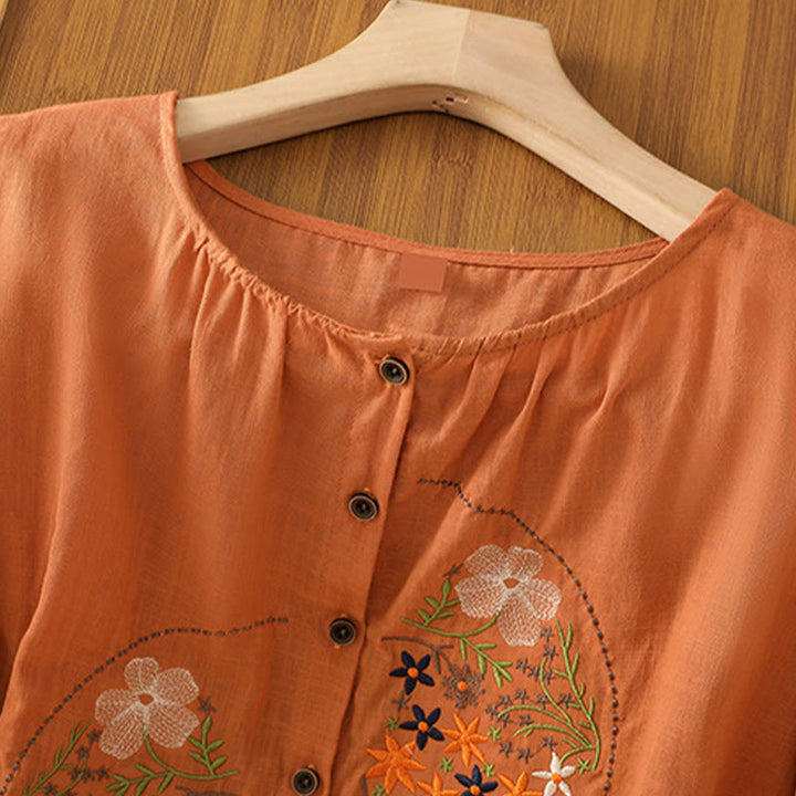 Buddha Stones Vintage Asymmetrische Stickerei Blumenpflanzenmuster Damen Baumwolle Leinen Kurzarm Jacke Shirt