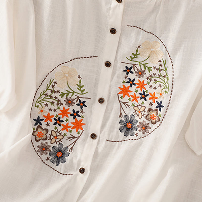 Buddha Stones Vintage Asymmetrische Stickerei Blumenpflanzenmuster Damen Baumwolle Leinen Kurzarm Jacke Shirt - image 26