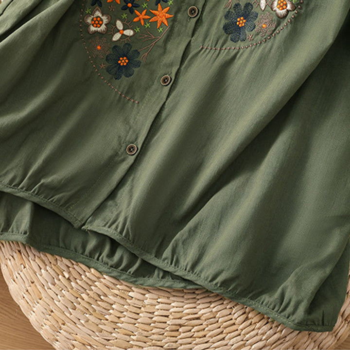 Buddha Stones Vintage Asymmetrische Stickerei Blumenpflanzenmuster Damen Baumwolle Leinen Kurzarm Jacke Shirt