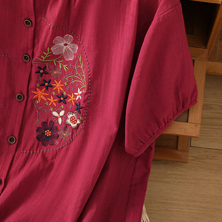 Buddha Stones Vintage Asymmetrische Stickerei Blumenpflanzenmuster Damen Baumwolle Leinen Kurzarm Jacke Shirt