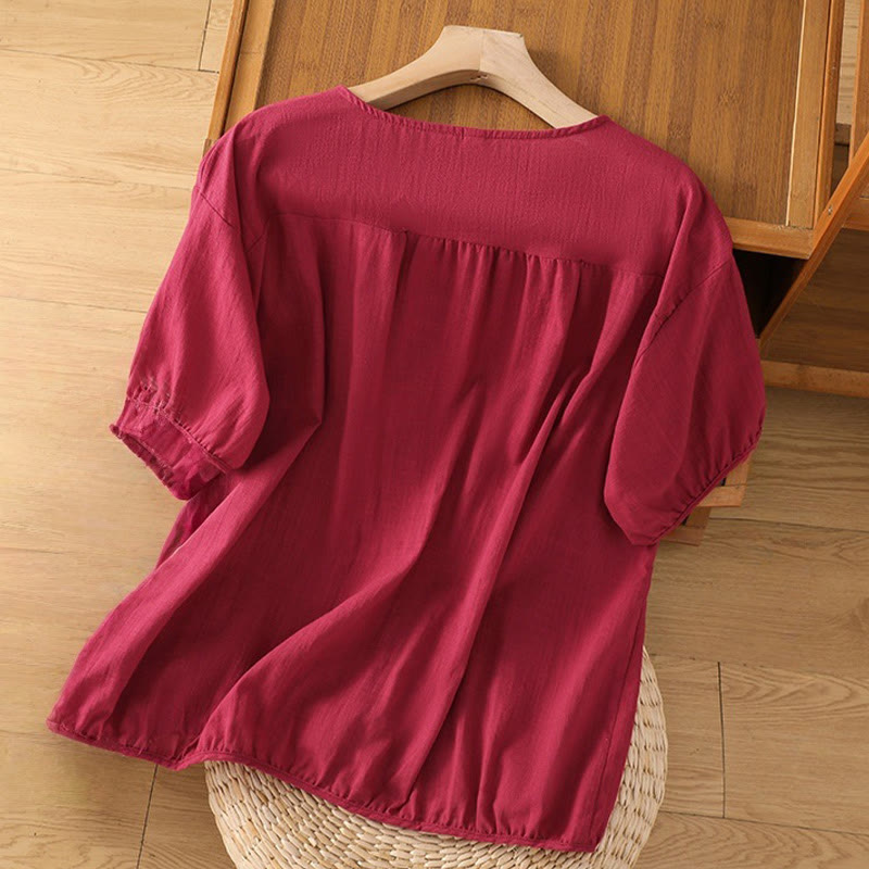 Buddha Stones Vintage Asymmetrische Stickerei Blumenpflanzenmuster Damen Baumwolle Leinen Kurzarm Jacke Shirt