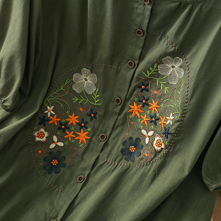 Buddha Stones Vintage Asymmetrische Stickerei Blumenpflanzenmuster Damen Baumwolle Leinen Kurzarm Jacke Shirt