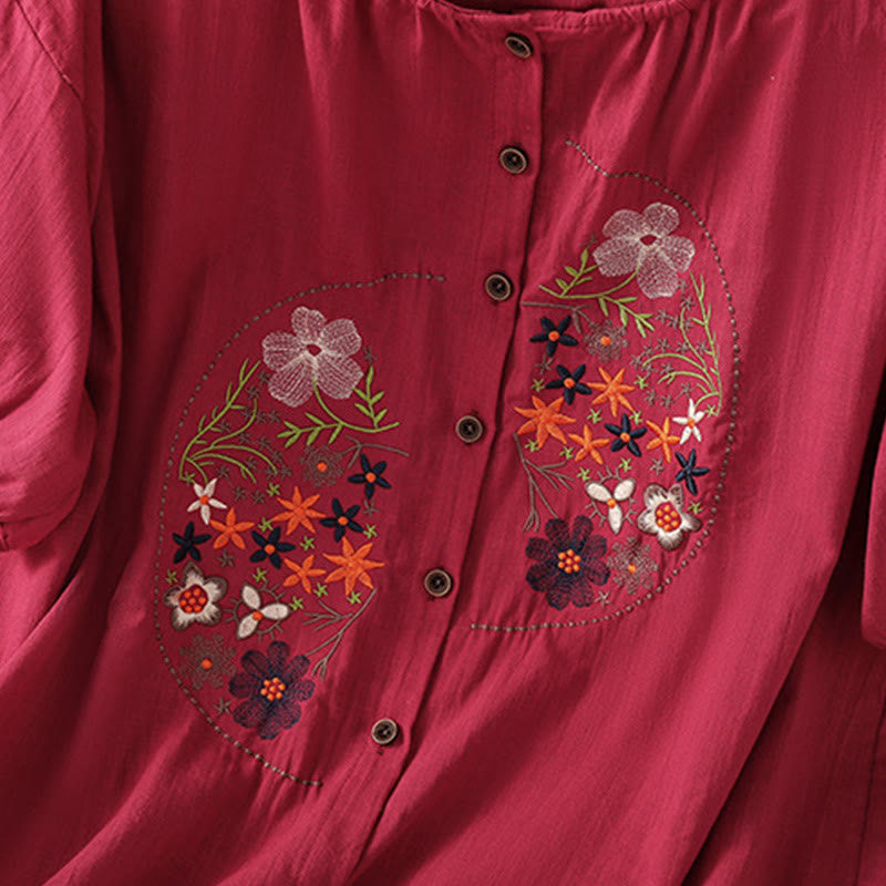 Buddha Stones Vintage Asymmetrische Stickerei Blumenpflanzenmuster Damen Baumwolle Leinen Kurzarm Jacke Shirt - image 11