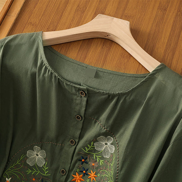 Buddha Stones Vintage Asymmetrische Stickerei Blumenpflanzenmuster Damen Baumwolle Leinen Kurzarm Jacke Shirt