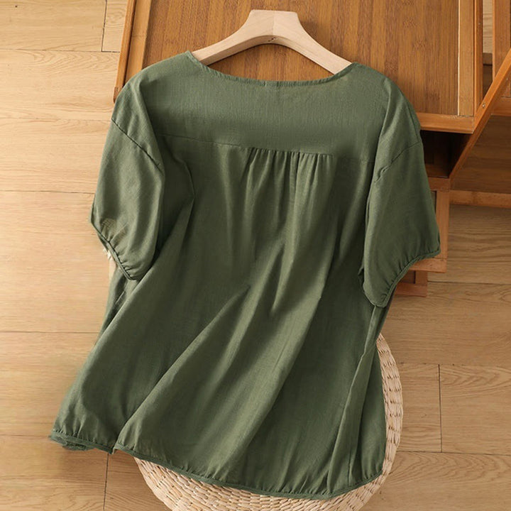 Buddha Stones Vintage Asymmetrische Stickerei Blumenpflanzenmuster Damen Baumwolle Leinen Kurzarm Jacke Shirt
