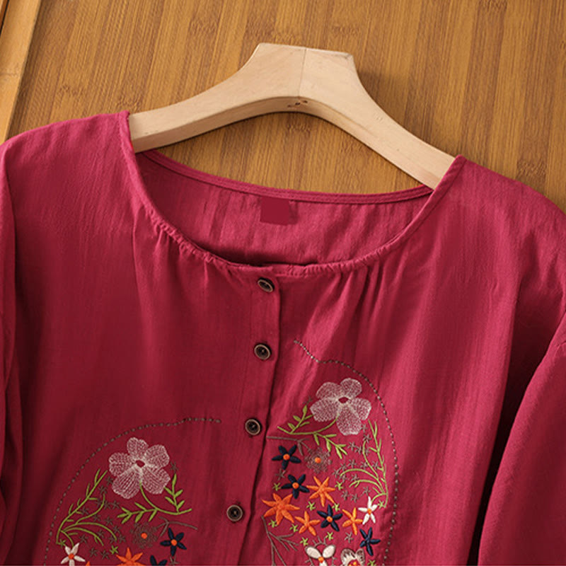 Buddha Stones Vintage Asymmetrische Stickerei Blumenpflanzenmuster Damen Baumwolle Leinen Kurzarm Jacke Shirt