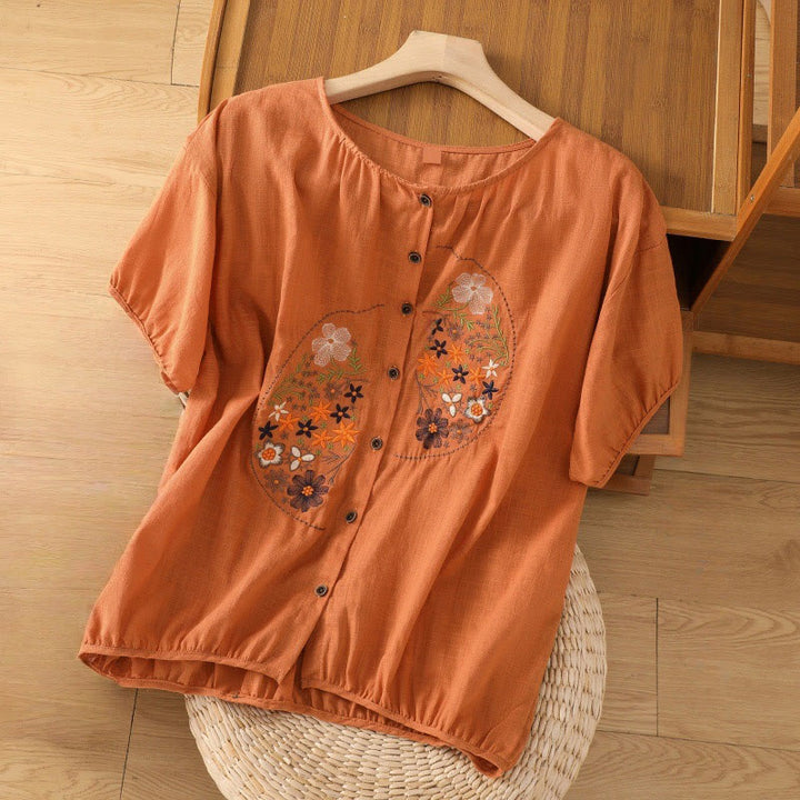 Buddha Stones Vintage Asymmetrische Stickerei Blumenpflanzenmuster Damen Baumwolle Leinen Kurzarm Jacke Shirt