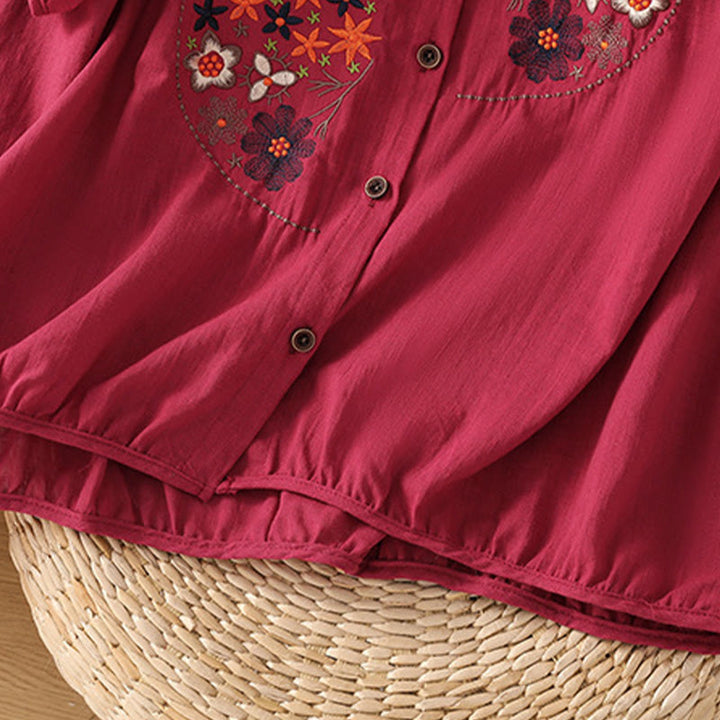 Buddha Stones Vintage Asymmetrische Stickerei Blumenpflanzenmuster Damen Baumwolle Leinen Kurzarm Jacke Shirt