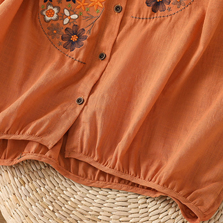 Buddha Stones Vintage Asymmetrische Stickerei Blumenpflanzenmuster Damen Baumwolle Leinen Kurzarm Jacke Shirt