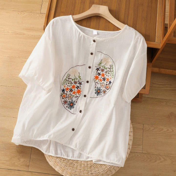 Buddha Stones Vintage Asymmetrische Stickerei Blumenpflanzenmuster Damen Baumwolle Leinen Kurzarm Jacke Shirt