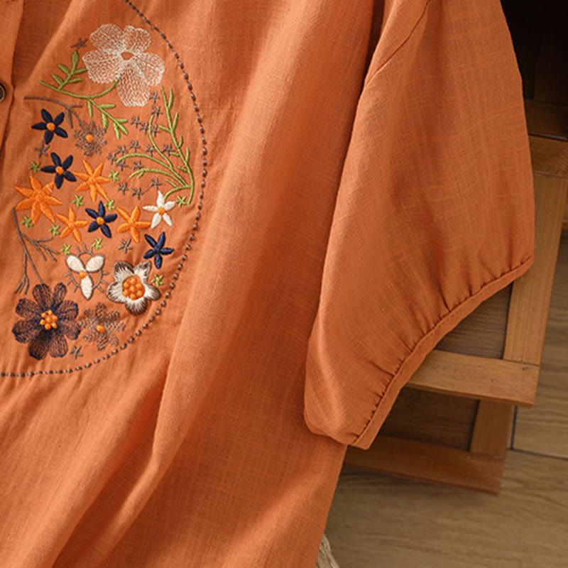 Buddha Stones Vintage Asymmetrische Stickerei Blumenpflanzenmuster Damen Baumwolle Leinen Kurzarm Jacke Shirt