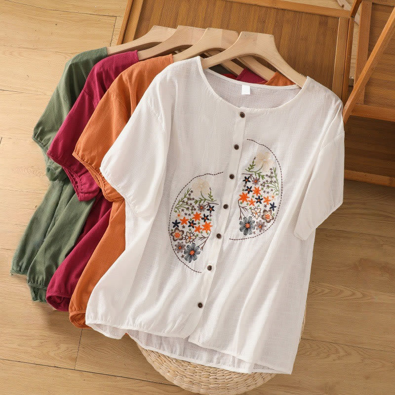 Buddha Stones Vintage Asymmetrische Stickerei Blumenpflanzenmuster Damen Baumwolle Leinen Kurzarm Jacke Shirt