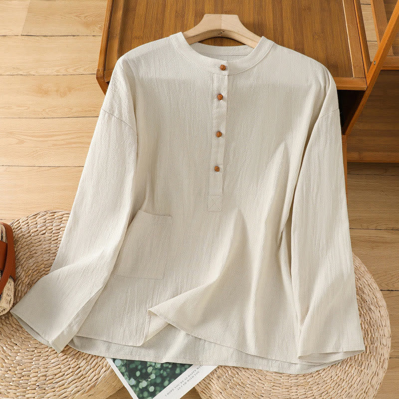 Buddha Stones Sommer Casual Pure Color Halbknopf Einfaches Design Damen Baumwoll-Leinen Halbarmhemd mit Tasche - Hellgelb - US12， UK/AU16，EU44 (2XL) - image 0