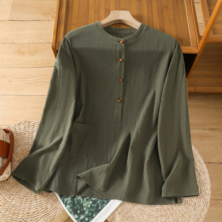 Buddha Stones Sommer Casual Pure Color Halbknopf Einfaches Design Damen Baumwoll-Leinen Halbarmhemd mit Tasche - DunkelOlivGrün - US12， UK/AU16，EU44 (2XL) - image 6