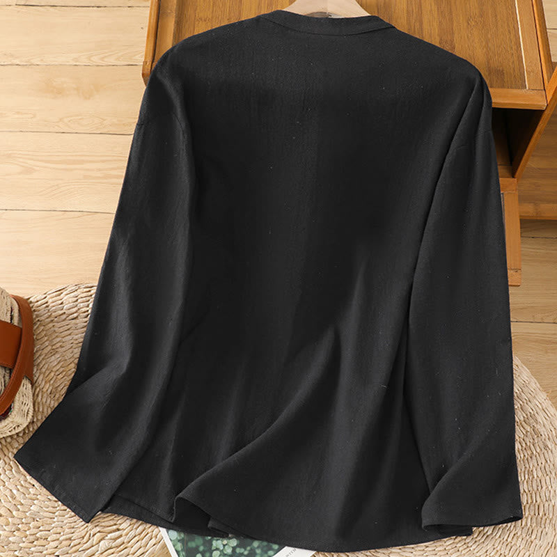 Buddha Stones Sommer Casual Pure Color Halbknopf Einfaches Design Damen Baumwoll-Leinen Halbarmhemd mit Tasche - image 14