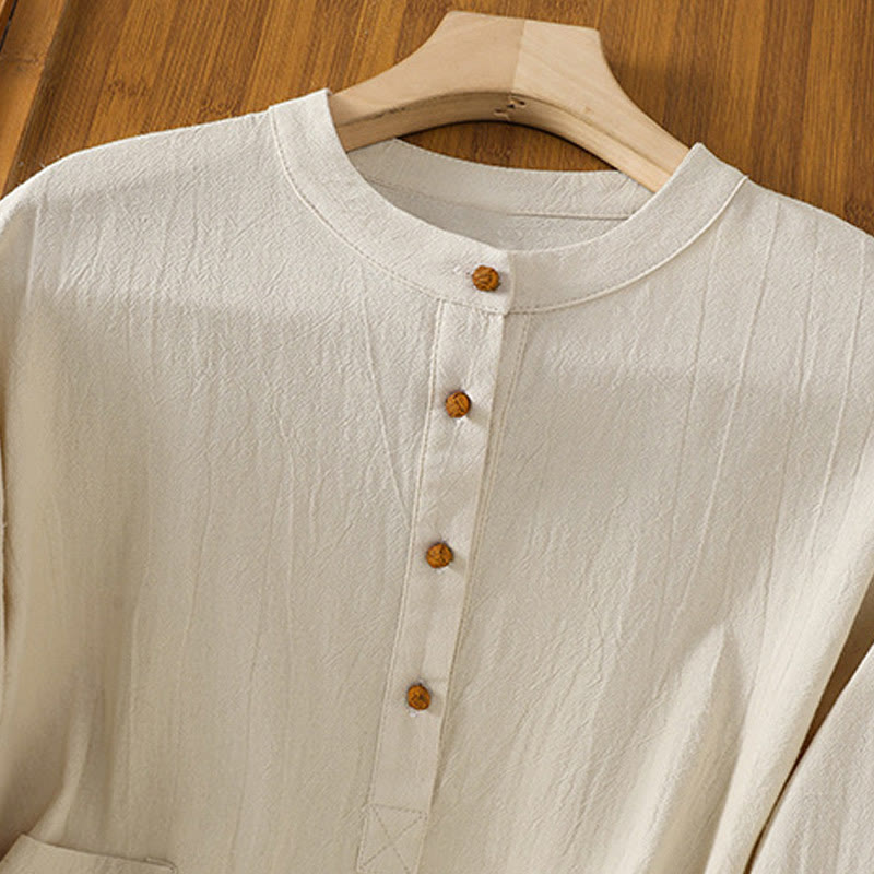 Buddha Stones Sommer Casual Pure Color Halbknopf Einfaches Design Damen Baumwoll-Leinen Halbarmhemd mit Tasche - image 1