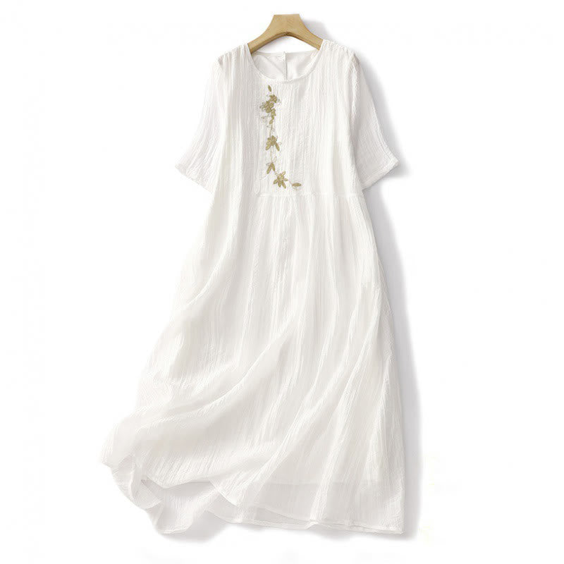 Buddha Stones Sommer-Midikleid aus legerer Baumwolle und Leinen mit schlichter Stickerei, doppellagig, kurzärmelig - Weiß - US8-10， UK/AU12-14，EU40-42 (2XL) - image 22