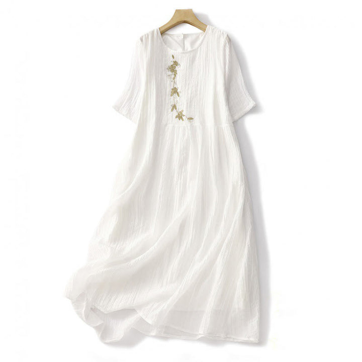 Buddha Stones Sommer-Midikleid aus legerer Baumwolle und Leinen mit schlichter Stickerei, doppellagig, kurzärmelig - Weiß - US8-10， UK/AU12-14，EU40-42 (2XL) - image 22