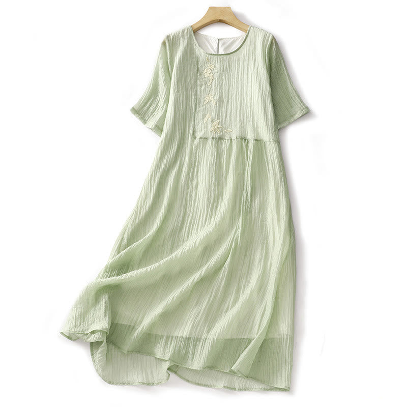 Buddha Stones Sommer-Midikleid aus legerer Baumwolle und Leinen mit schlichter Stickerei, doppellagig, kurzärmelig - Hellgrün - US 8-10, UK/AU 12-14, EU 40-42 (2XL) - image 0