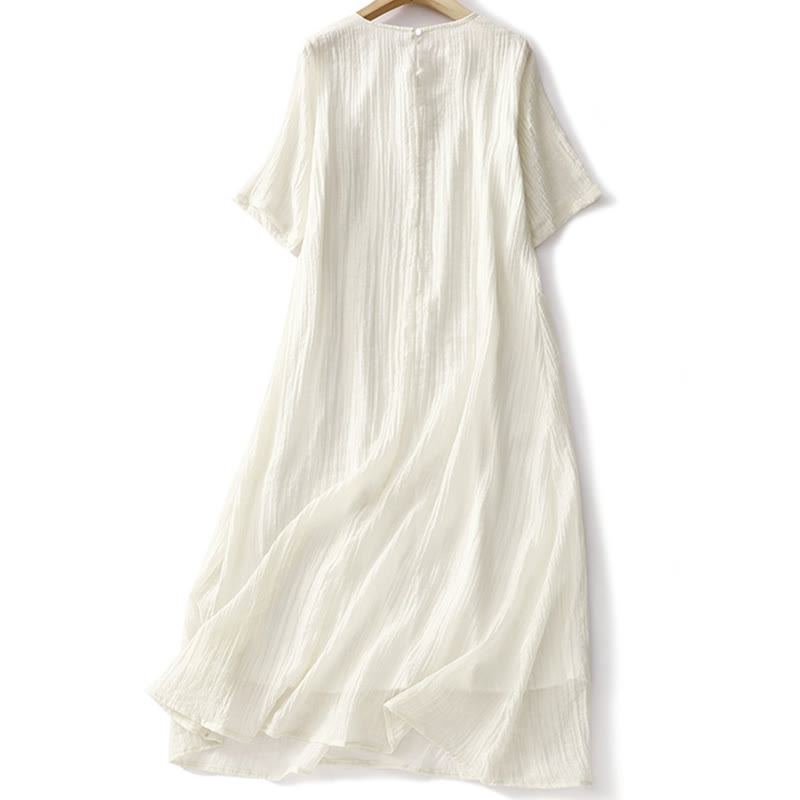 Buddha Stones Sommer-Midikleid aus legerer Baumwolle und Leinen mit schlichter Stickerei, doppellagig, kurzärmelig - image 11