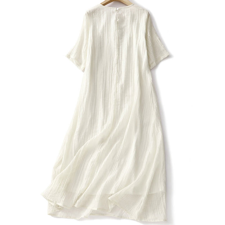 Buddha Stones Sommer-Midikleid aus legerer Baumwolle und Leinen mit schlichter Stickerei, doppellagig, kurzärmelig - image 11