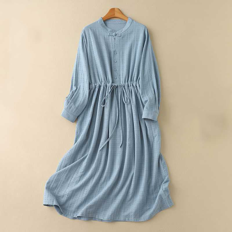 Buddha Stones – Retro-Midikleid aus Baumwolle und Leinen mit Taschen, einfarbig, mit Kordelzug und Froschknopf-Design - KornblumeBlau - US8-10， UK/AU12-14，EU40-42 (2XL) - image 0