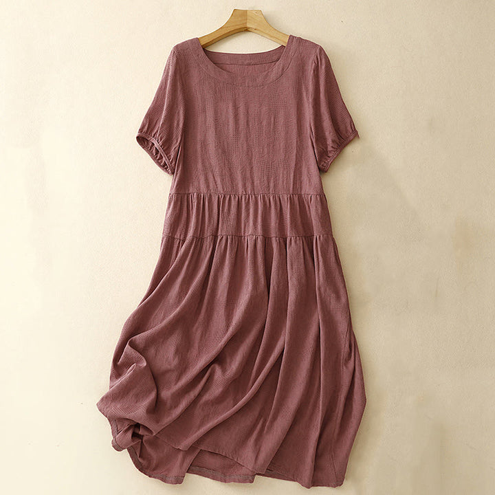 Buddha Stones Sommer-Jacquard-Midikleid aus Baumwolle mit einfarbigem elastischem Bündchendesign, Rundhalsausschnitt und kurzen Ärmeln