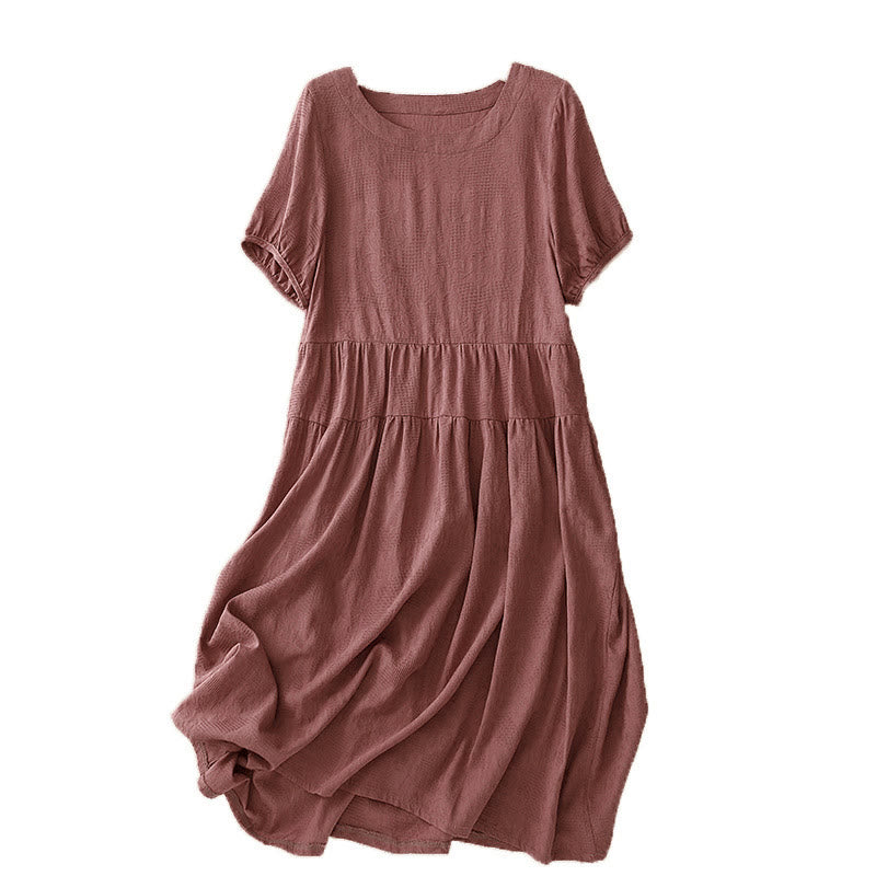 Buddha Stones Sommer-Jacquard-Midikleid aus Baumwolle mit einfarbigem elastischem Bündchendesign, Rundhalsausschnitt und kurzen Ärmeln