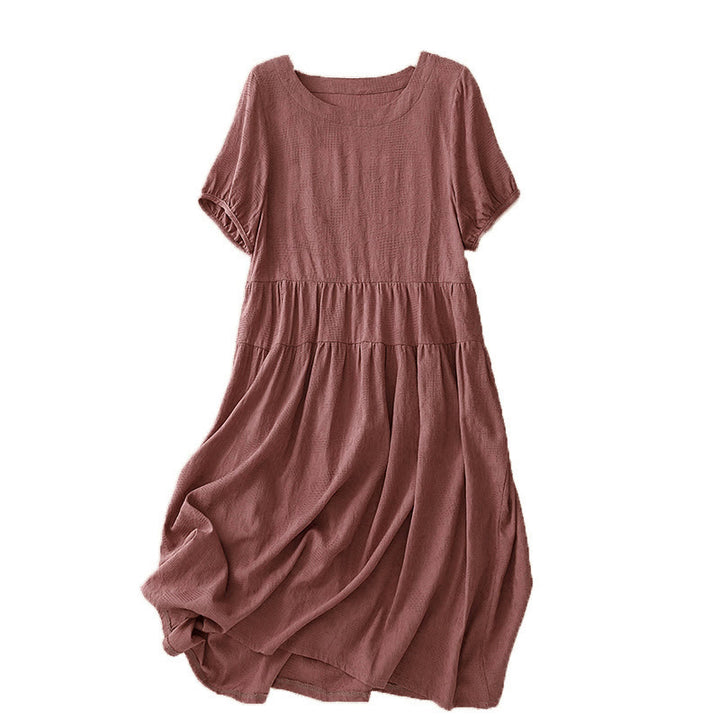 Buddha Stones Sommer-Jacquard-Midikleid aus Baumwolle mit einfarbigem elastischem Bündchendesign, Rundhalsausschnitt und kurzen Ärmeln