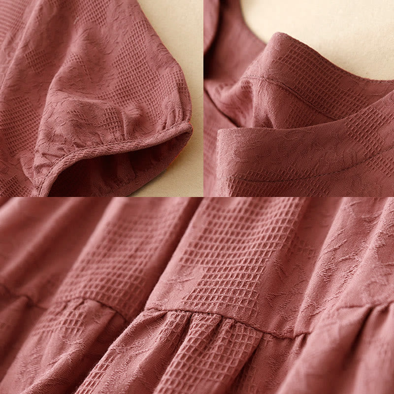 Buddha Stones Sommer-Jacquard-Midikleid aus Baumwolle mit einfarbigem elastischem Bündchendesign, Rundhalsausschnitt und kurzen Ärmeln