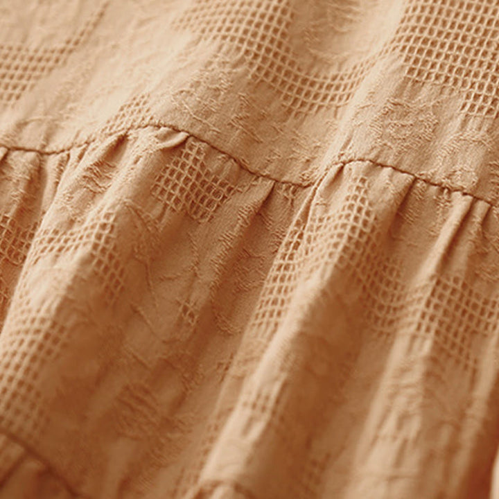 Buddha Stones Sommer-Jacquard-Midikleid aus Baumwolle mit einfarbigem elastischem Bündchendesign, Rundhalsausschnitt und kurzen Ärmeln