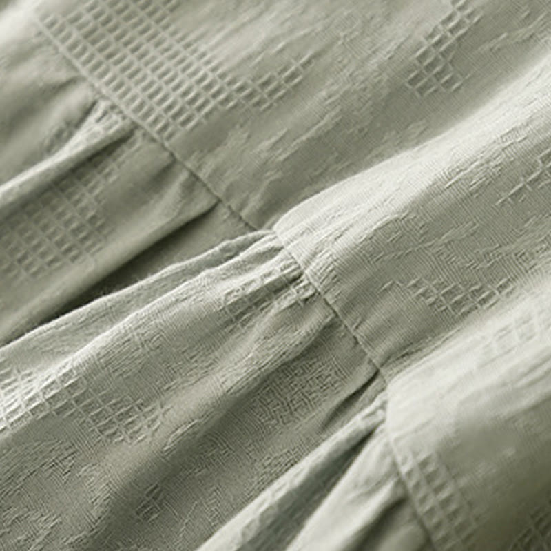 Buddha Stones Sommer-Jacquard-Midikleid aus Baumwolle mit einfarbigem elastischem Bündchendesign, Rundhalsausschnitt und kurzen Ärmeln