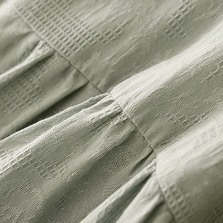 Buddha Stones Sommer-Jacquard-Midikleid aus Baumwolle mit einfarbigem elastischem Bündchendesign, Rundhalsausschnitt und kurzen Ärmeln