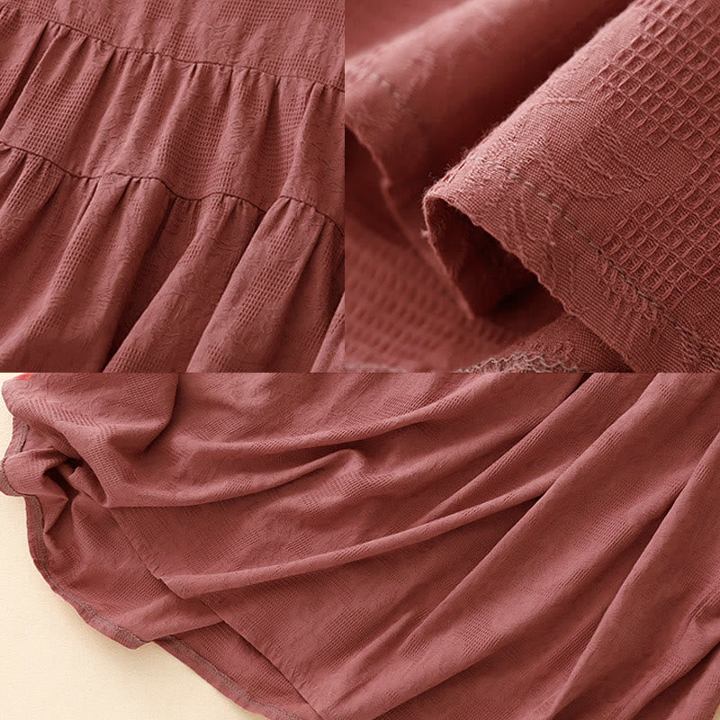 Buddha Stones Sommer-Jacquard-Midikleid aus Baumwolle mit einfarbigem elastischem Bündchendesign, Rundhalsausschnitt und kurzen Ärmeln