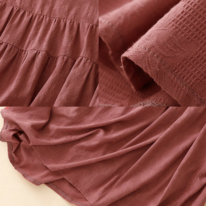 Buddha Stones Sommer-Jacquard-Midikleid aus Baumwolle mit einfarbigem elastischem Bündchendesign, Rundhalsausschnitt und kurzen Ärmeln