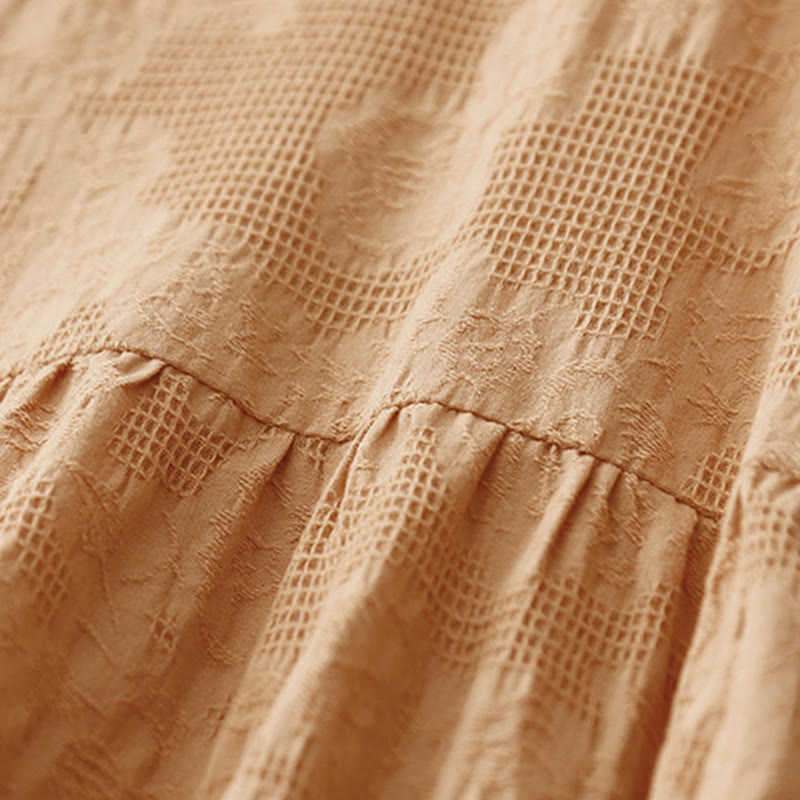 Buddha Stones Sommer-Jacquard-Midikleid aus Baumwolle mit einfarbigem elastischem Bündchendesign, Rundhalsausschnitt und kurzen Ärmeln