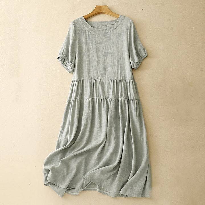 Buddha Stones Sommer-Jacquard-Midikleid aus Baumwolle mit einfarbigem elastischem Bündchendesign, Rundhalsausschnitt und kurzen Ärmeln