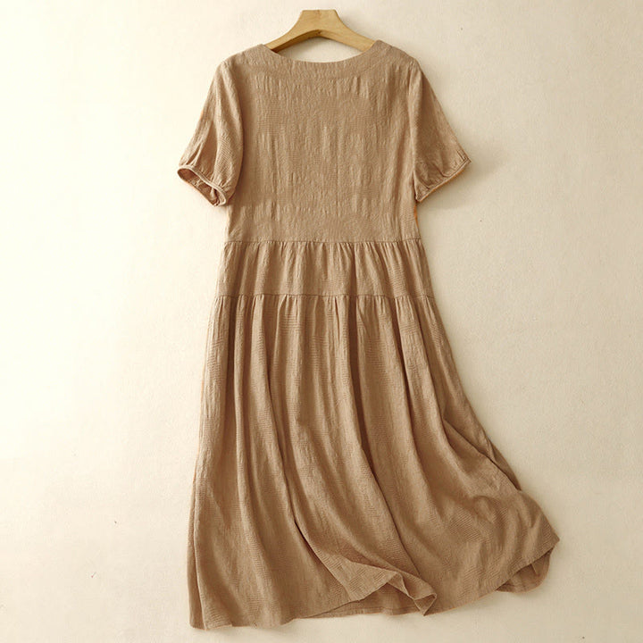 Buddha Stones Sommer-Jacquard-Midikleid aus Baumwolle mit einfarbigem elastischem Bündchendesign, Rundhalsausschnitt und kurzen Ärmeln