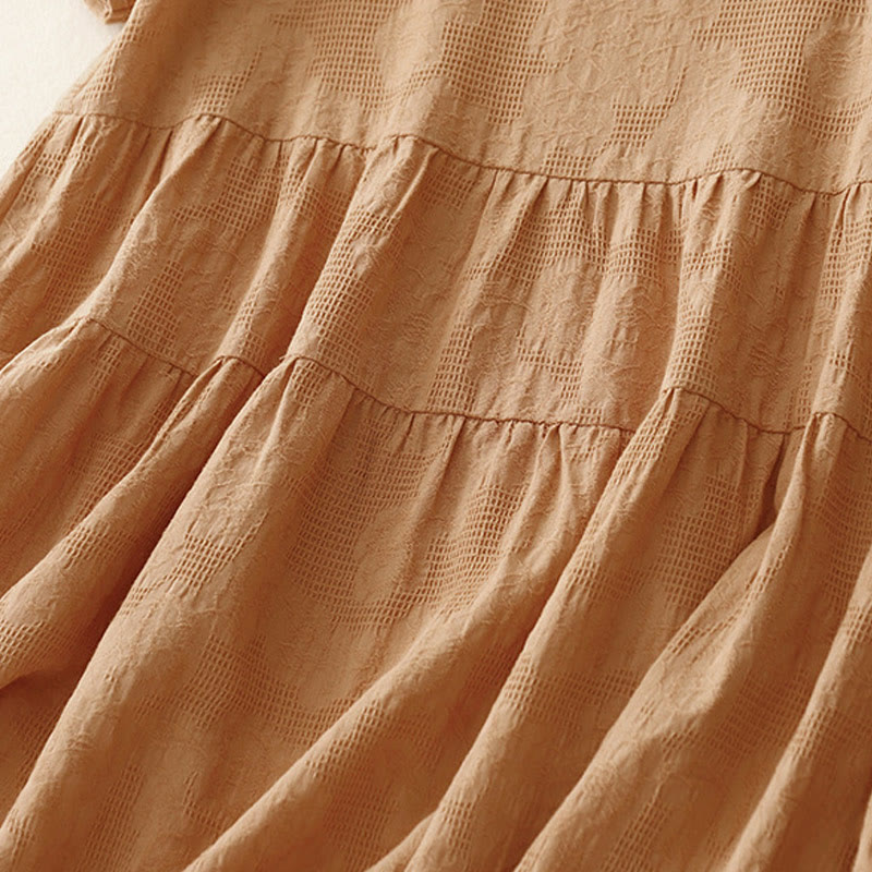 Buddha Stones Sommer-Jacquard-Midikleid aus Baumwolle mit einfarbigem elastischem Bündchendesign, Rundhalsausschnitt und kurzen Ärmeln