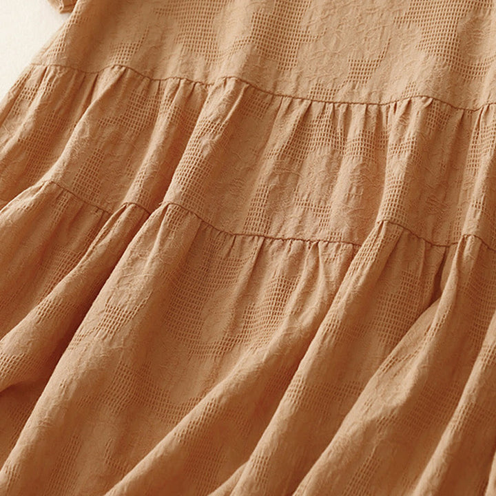 Buddha Stones Sommer-Jacquard-Midikleid aus Baumwolle mit einfarbigem elastischem Bündchendesign, Rundhalsausschnitt und kurzen Ärmeln