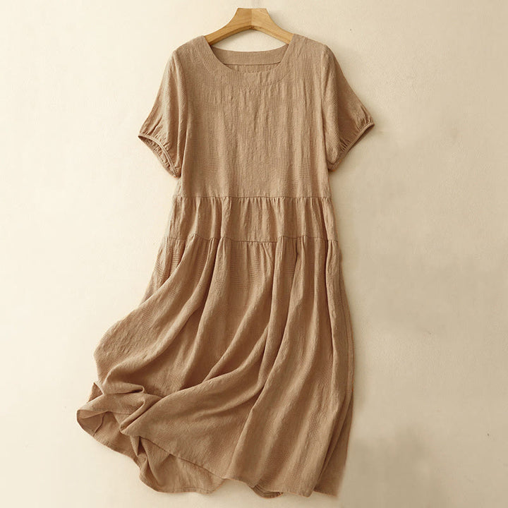 Buddha Stones Sommer-Jacquard-Midikleid aus Baumwolle mit einfarbigem elastischem Bündchendesign, Rundhalsausschnitt und kurzen Ärmeln
