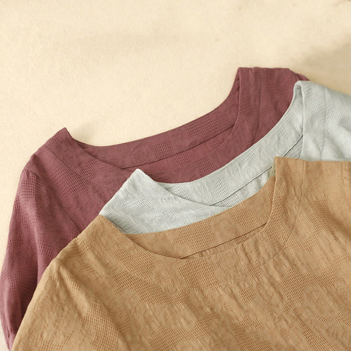 Buddha Stones Sommer-Jacquard-Midikleid aus Baumwolle mit einfarbigem elastischem Bündchendesign, Rundhalsausschnitt und kurzen Ärmeln